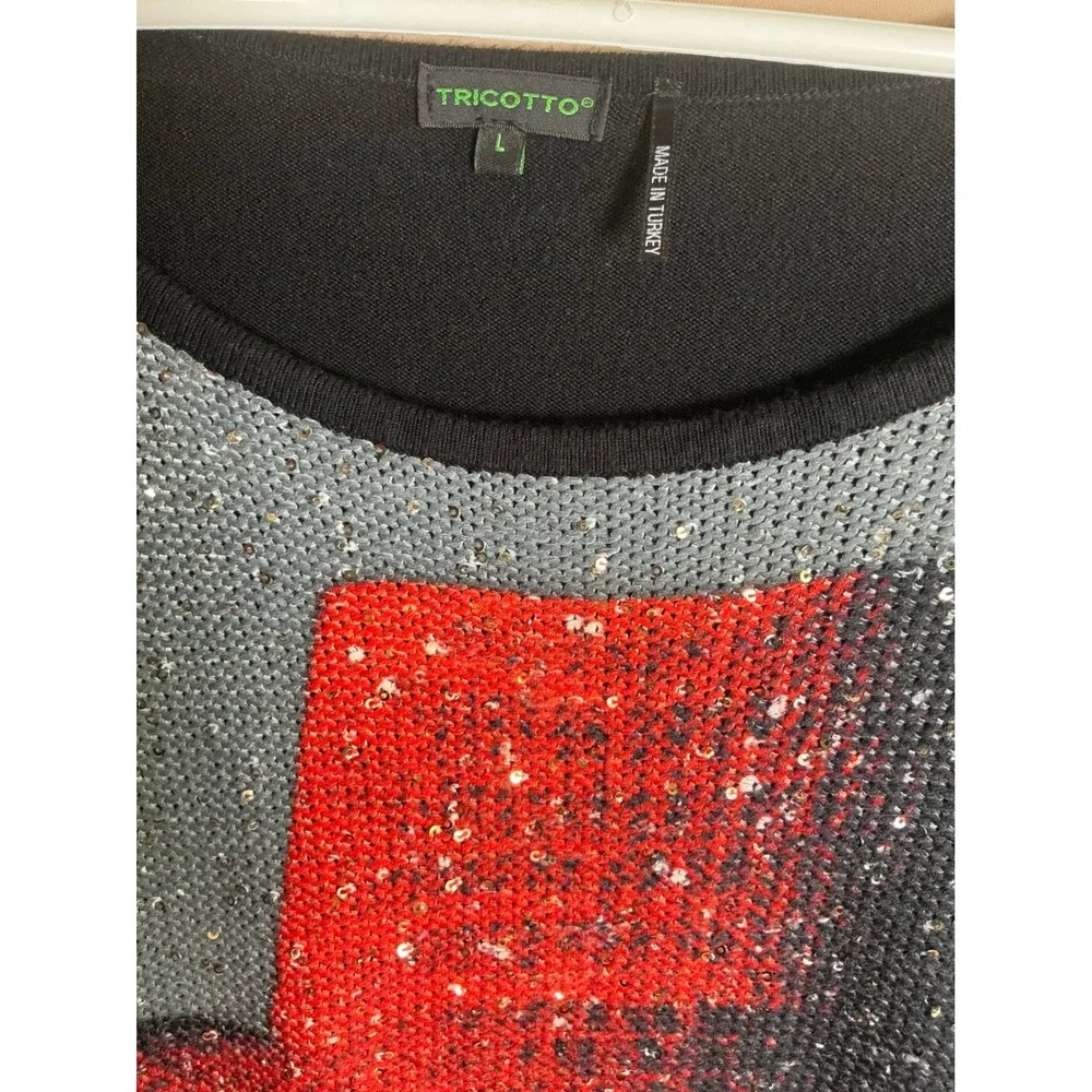 Tricotto Womens Large Black Red Hat Sequin Graphic Long Sleeve Knit Top Turkey - Picture 5 of 11